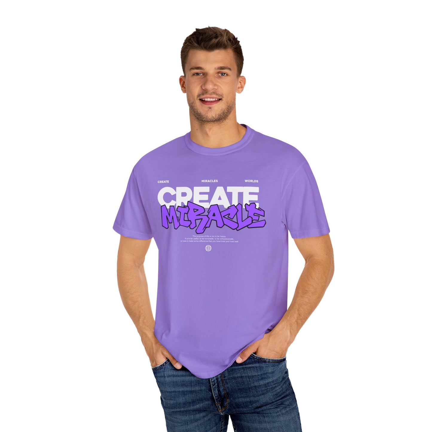 Garment-Dyed T-Shirt with 'CREATE MIRACLE' Design, Trendy Tee for Casual Wear,