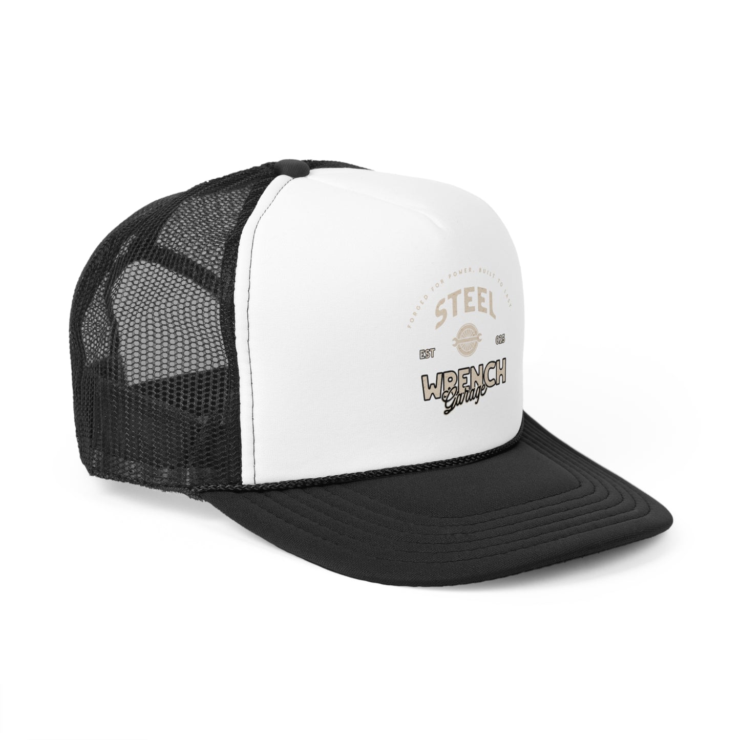 Vintage Wrench Garage Trucker Cap - Stylish Black and White Hat