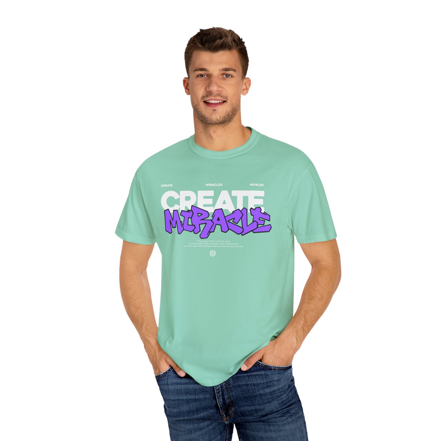 Garment-Dyed T-Shirt with 'CREATE MIRACLE' Design, Trendy Tee for Casual Wear,