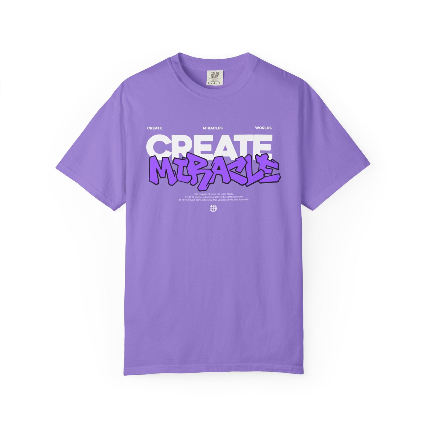 Garment-Dyed T-Shirt with 'CREATE MIRACLE' Design, Trendy Tee for Casual Wear,