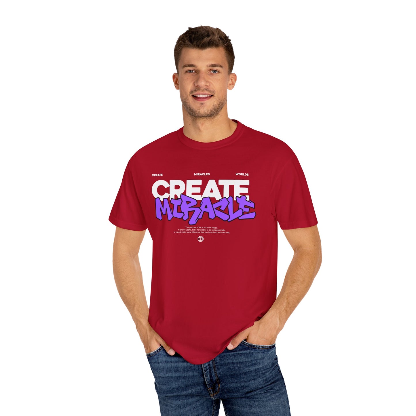 Garment-Dyed T-Shirt with 'CREATE MIRACLE' Design, Trendy Tee for Casual Wear,
