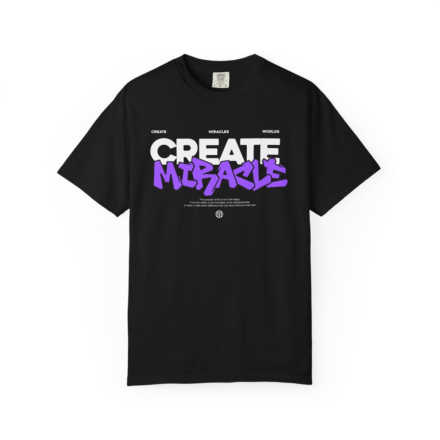 Garment-Dyed T-Shirt with 'CREATE MIRACLE' Design, Trendy Tee for Casual Wear,