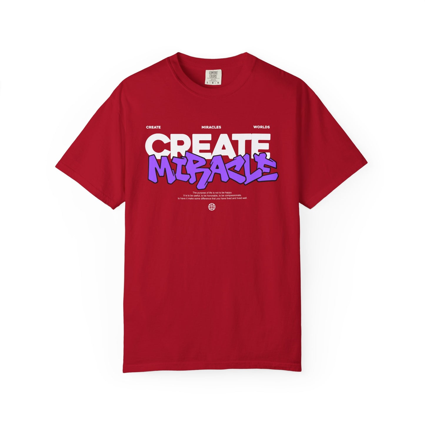 Garment-Dyed T-Shirt with 'CREATE MIRACLE' Design, Trendy Tee for Casual Wear,