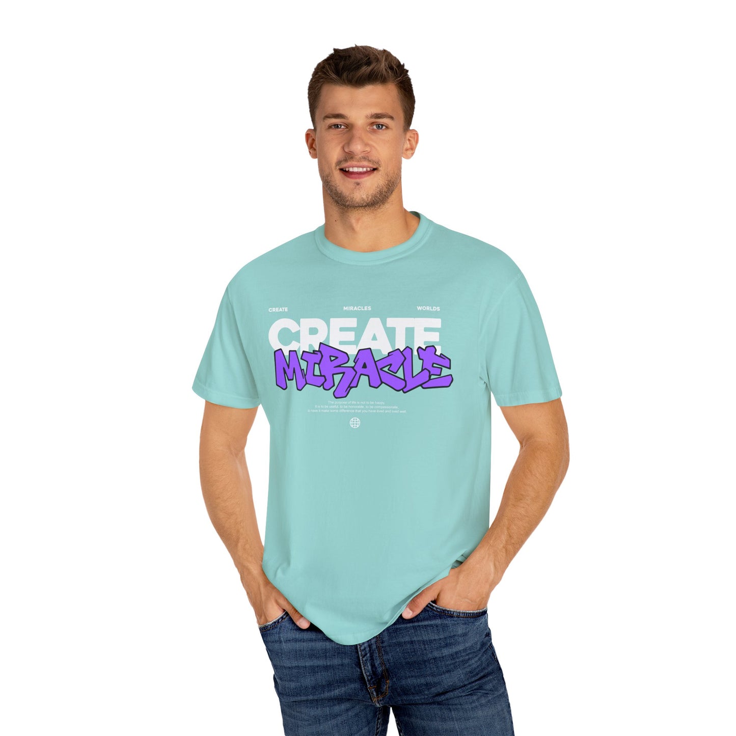 Garment-Dyed T-Shirt with 'CREATE MIRACLE' Design, Trendy Tee for Casual Wear,