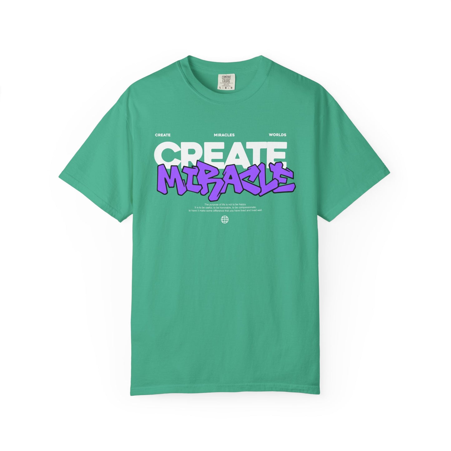 Garment-Dyed T-Shirt with 'CREATE MIRACLE' Design, Trendy Tee for Casual Wear,