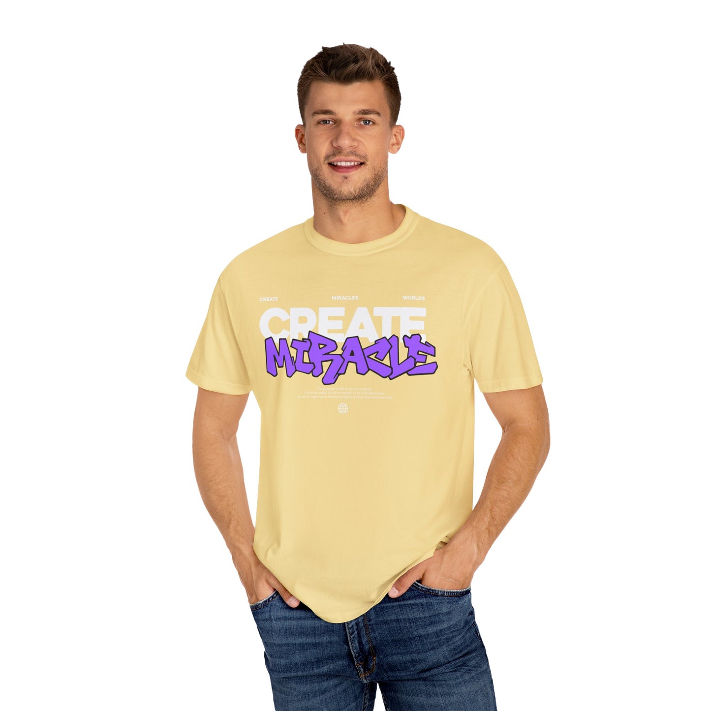 Garment-Dyed T-Shirt with 'CREATE MIRACLE' Design, Trendy Tee for Casual Wear,