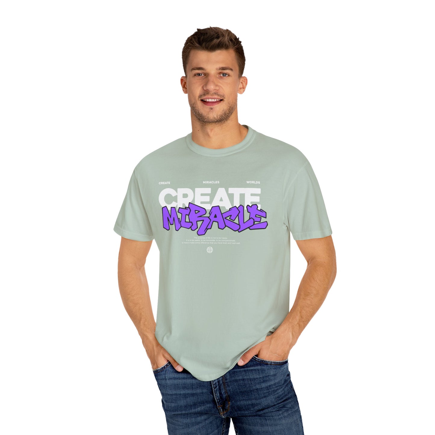 Garment-Dyed T-Shirt with 'CREATE MIRACLE' Design, Trendy Tee for Casual Wear,