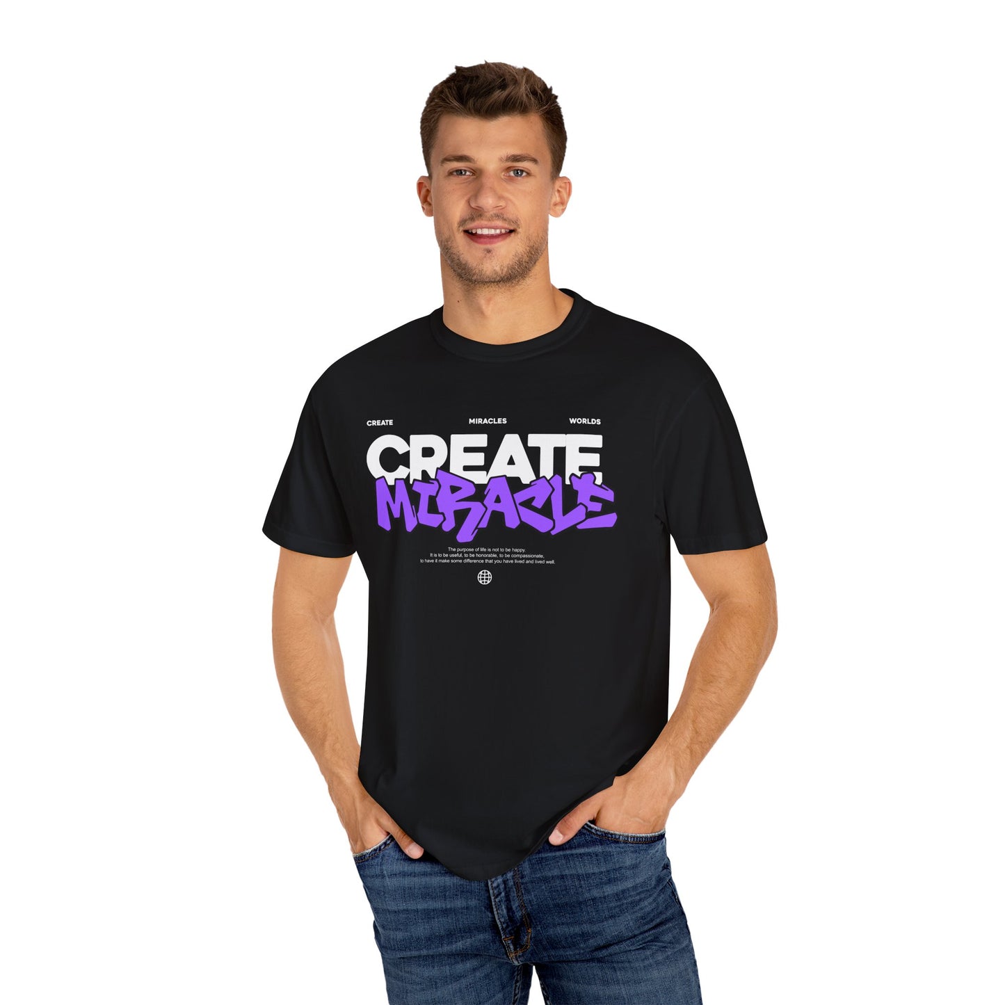 Garment-Dyed T-Shirt with 'CREATE MIRACLE' Design, Trendy Tee for Casual Wear,
