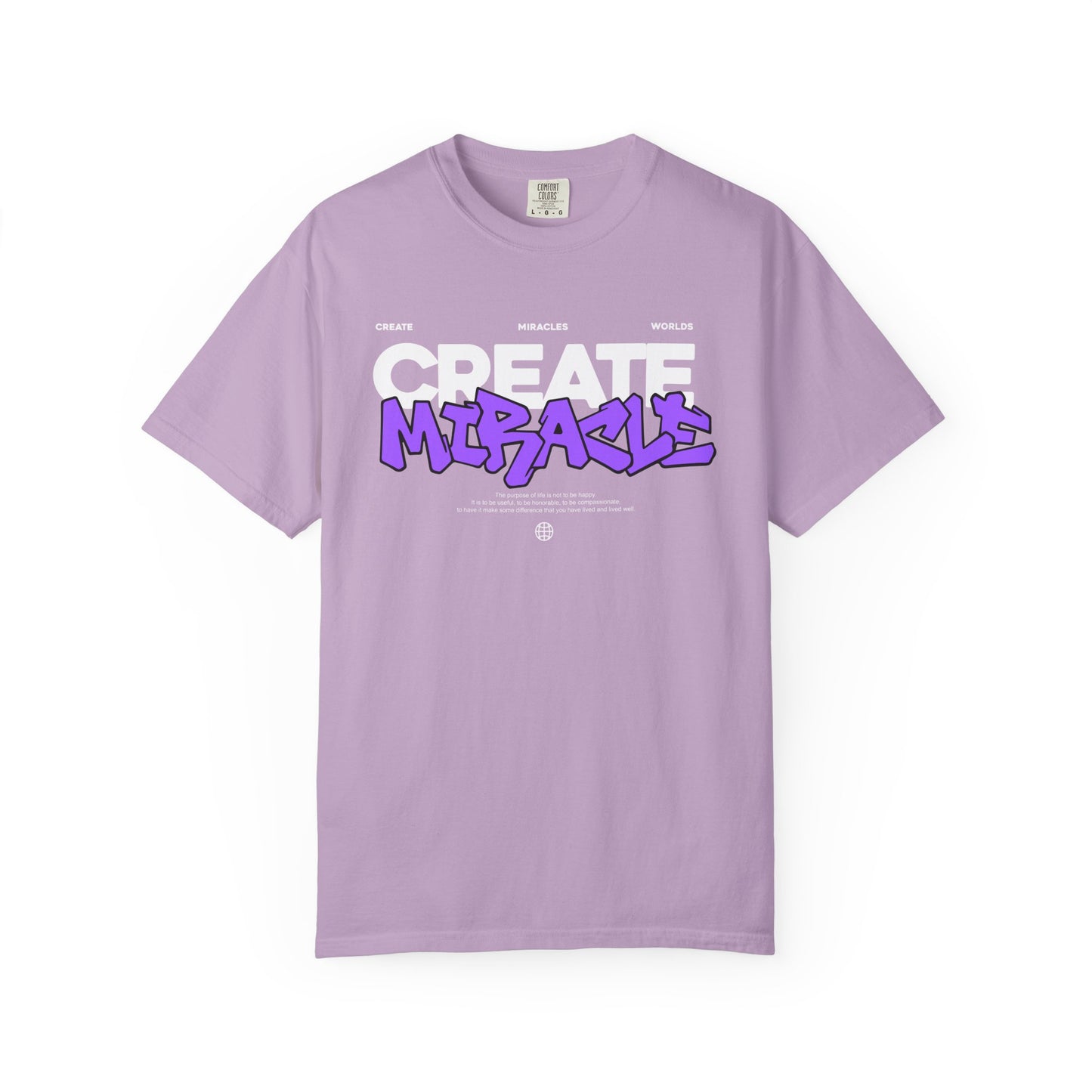 Garment-Dyed T-Shirt with 'CREATE MIRACLE' Design, Trendy Tee for Casual Wear,