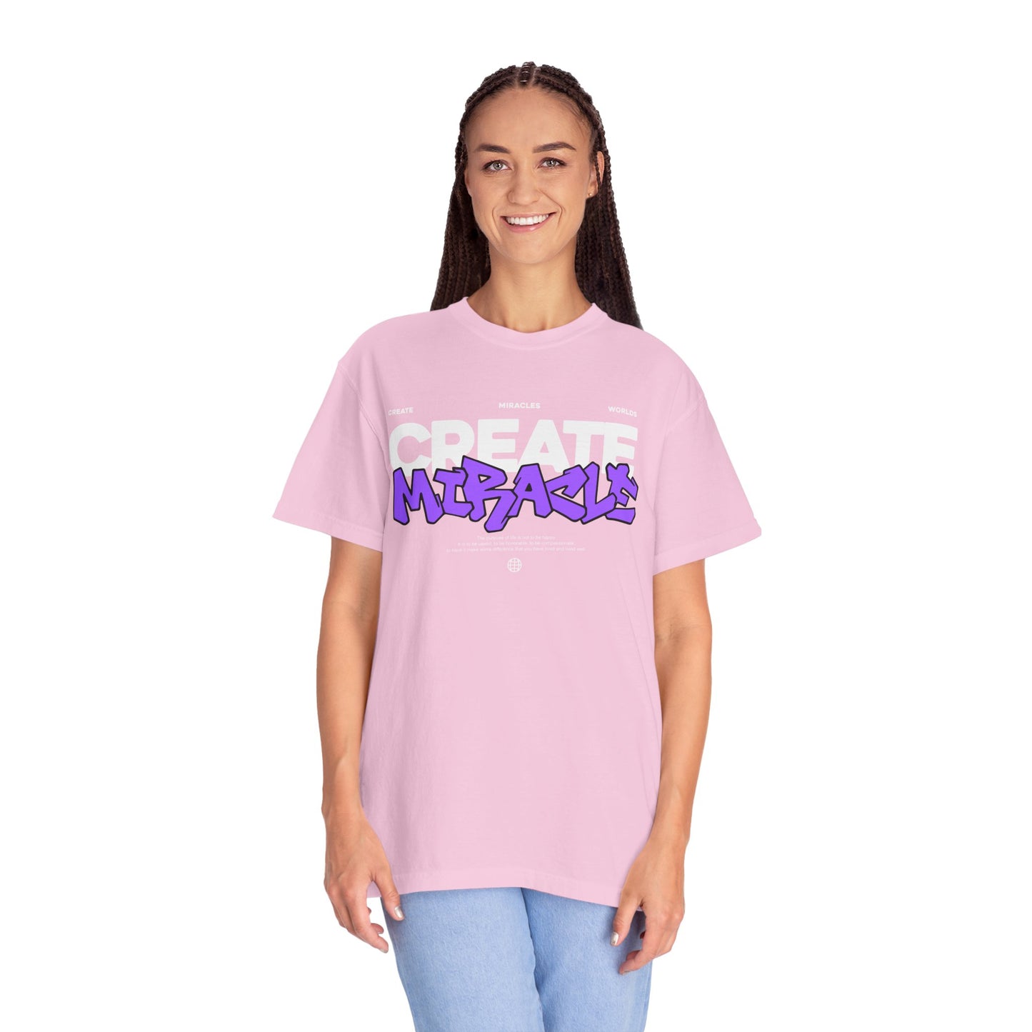 Garment-Dyed T-Shirt with 'CREATE MIRACLE' Design, Trendy Tee for Casual Wear,