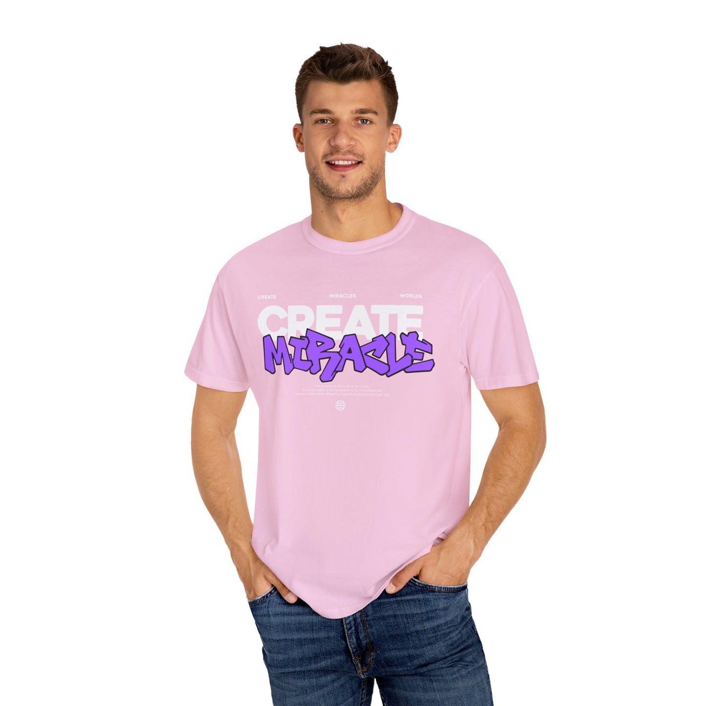 Garment-Dyed T-Shirt with 'CREATE MIRACLE' Design, Trendy Tee for Casual Wear,