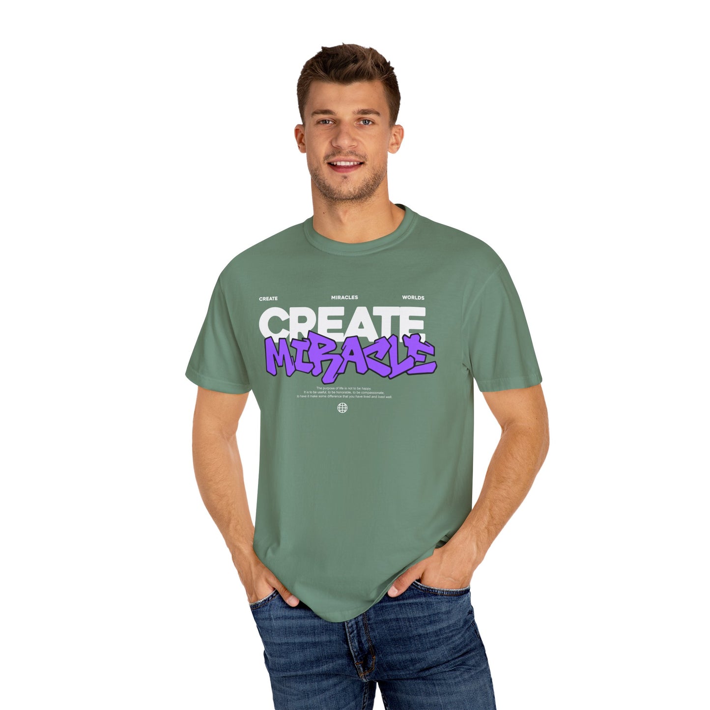 Garment-Dyed T-Shirt with 'CREATE MIRACLE' Design, Trendy Tee for Casual Wear,