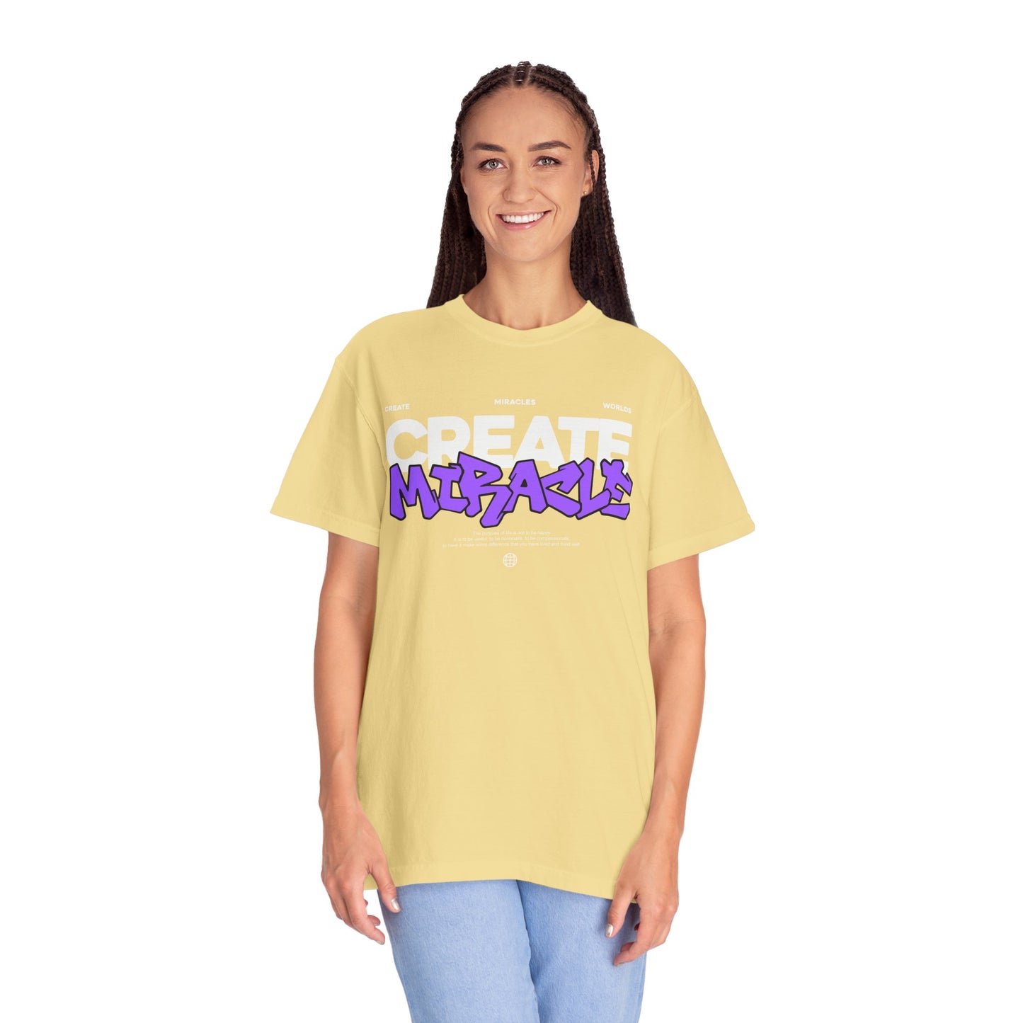 Garment-Dyed T-Shirt with 'CREATE MIRACLE' Design, Trendy Tee for Casual Wear,