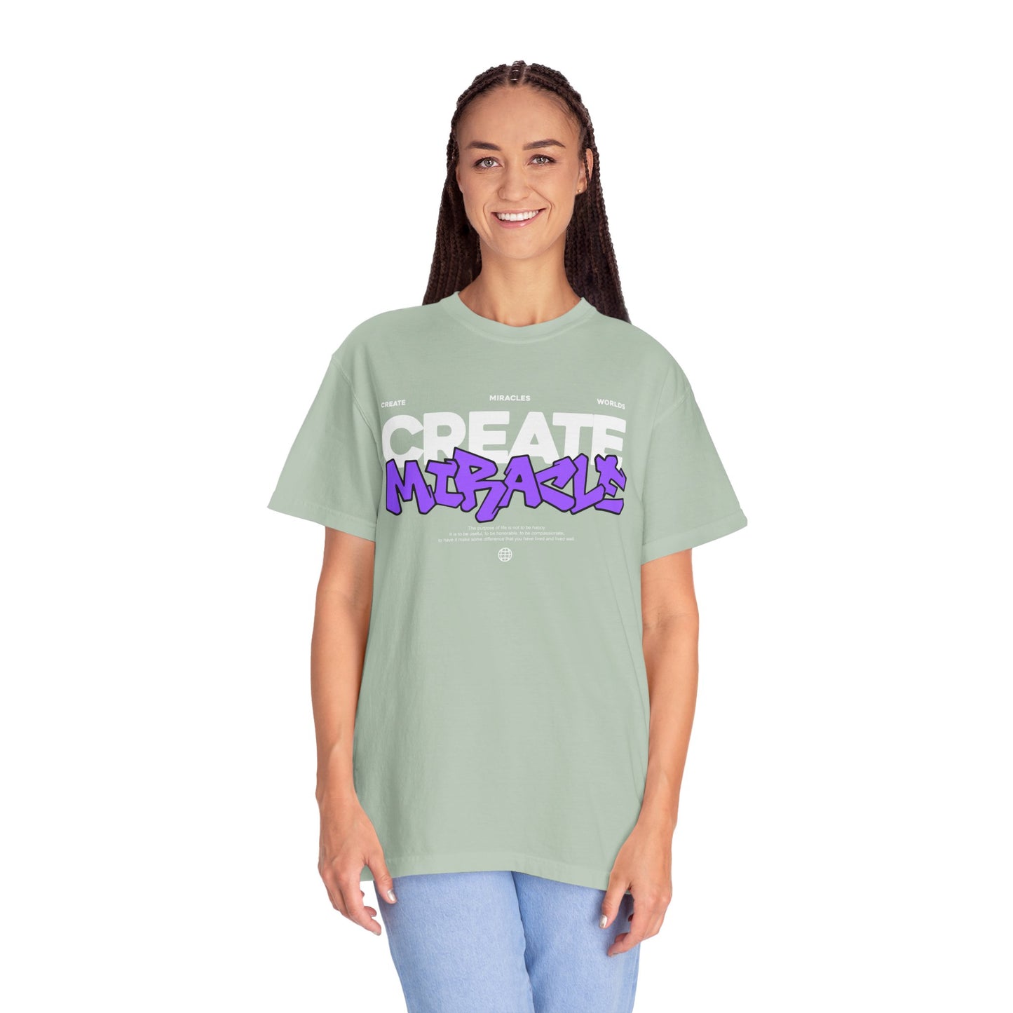 Garment-Dyed T-Shirt with 'CREATE MIRACLE' Design, Trendy Tee for Casual Wear,