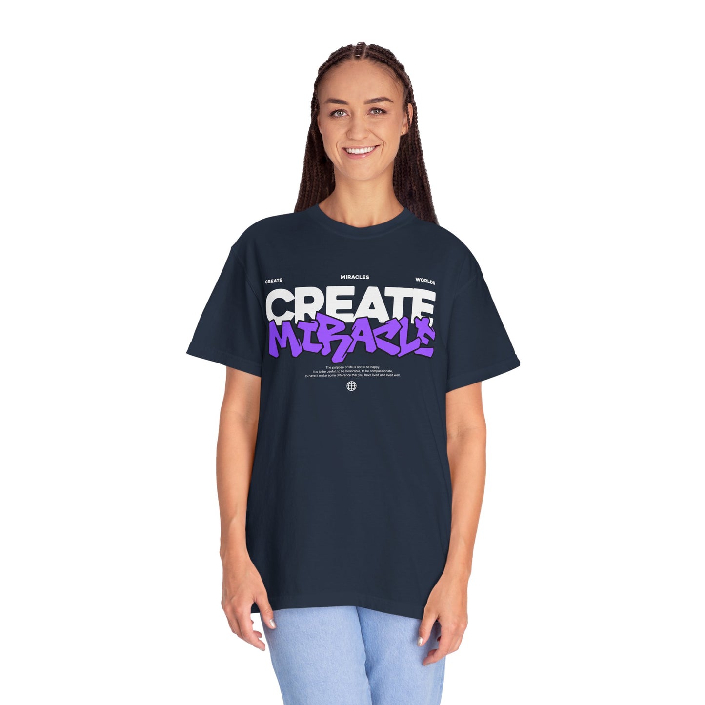 Garment-Dyed T-Shirt with 'CREATE MIRACLE' Design, Trendy Tee for Casual Wear,