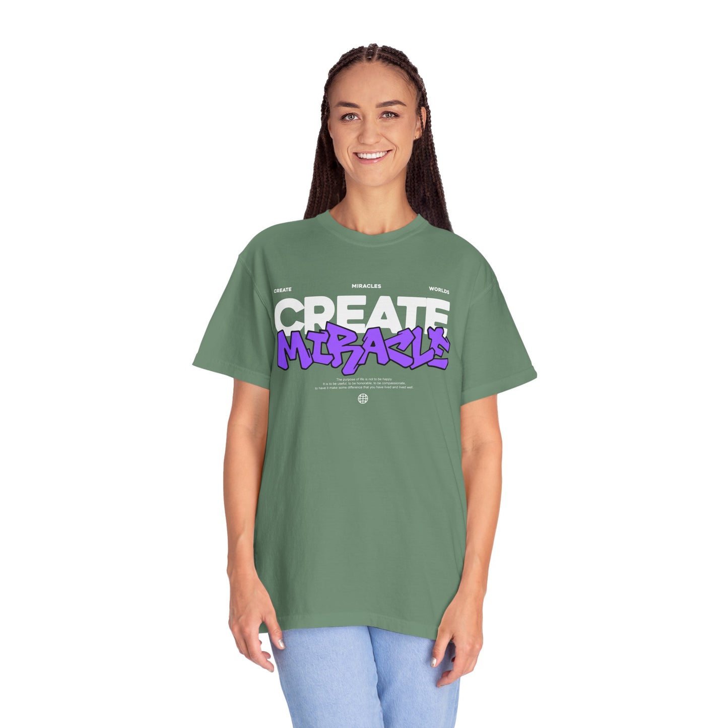 Garment-Dyed T-Shirt with 'CREATE MIRACLE' Design, Trendy Tee for Casual Wear,