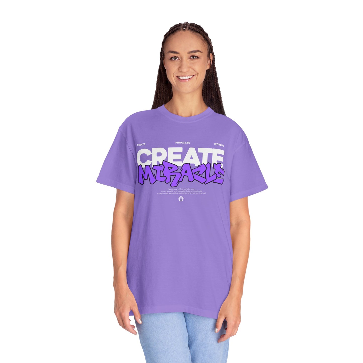 Garment-Dyed T-Shirt with 'CREATE MIRACLE' Design, Trendy Tee for Casual Wear,