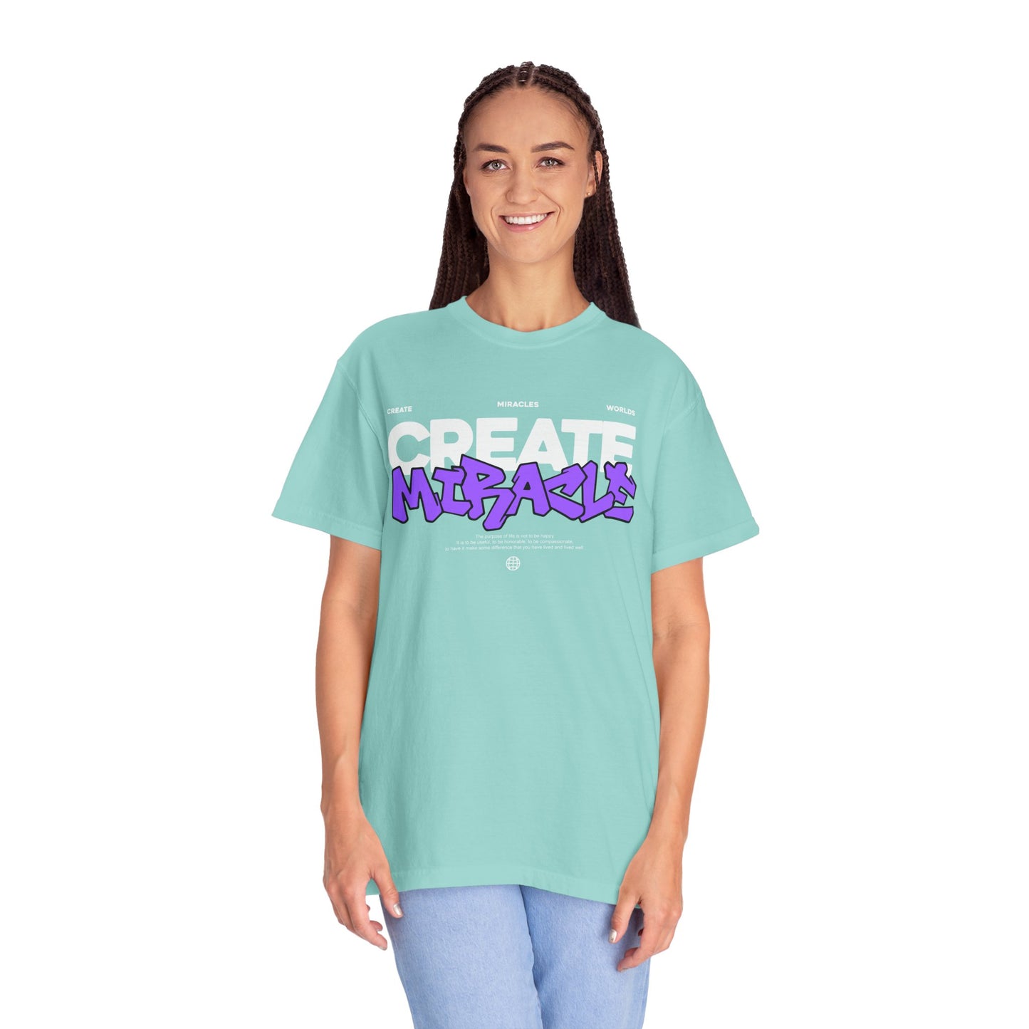 Garment-Dyed T-Shirt with 'CREATE MIRACLE' Design, Trendy Tee for Casual Wear,