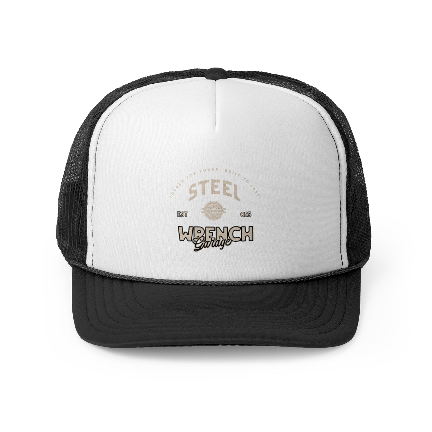 Vintage Wrench Garage Trucker Cap - Stylish Black and White Hat