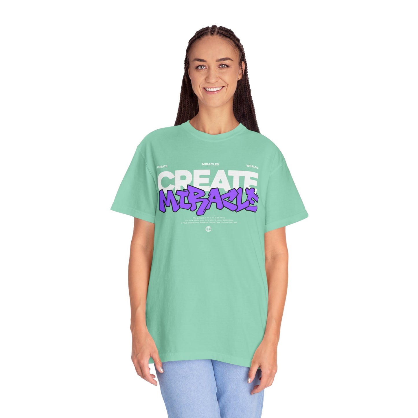 Garment-Dyed T-Shirt with 'CREATE MIRACLE' Design, Trendy Tee for Casual Wear,