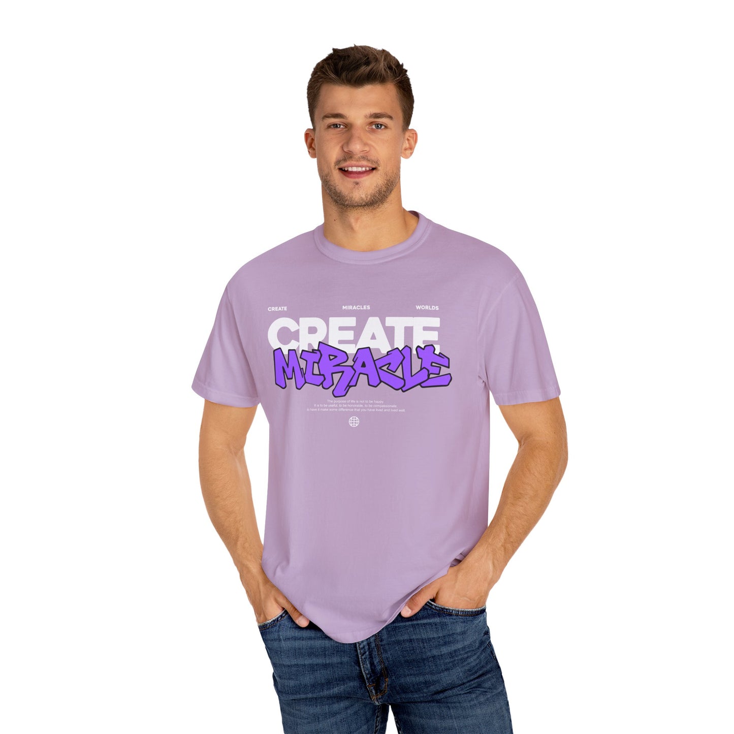 Garment-Dyed T-Shirt with 'CREATE MIRACLE' Design, Trendy Tee for Casual Wear,