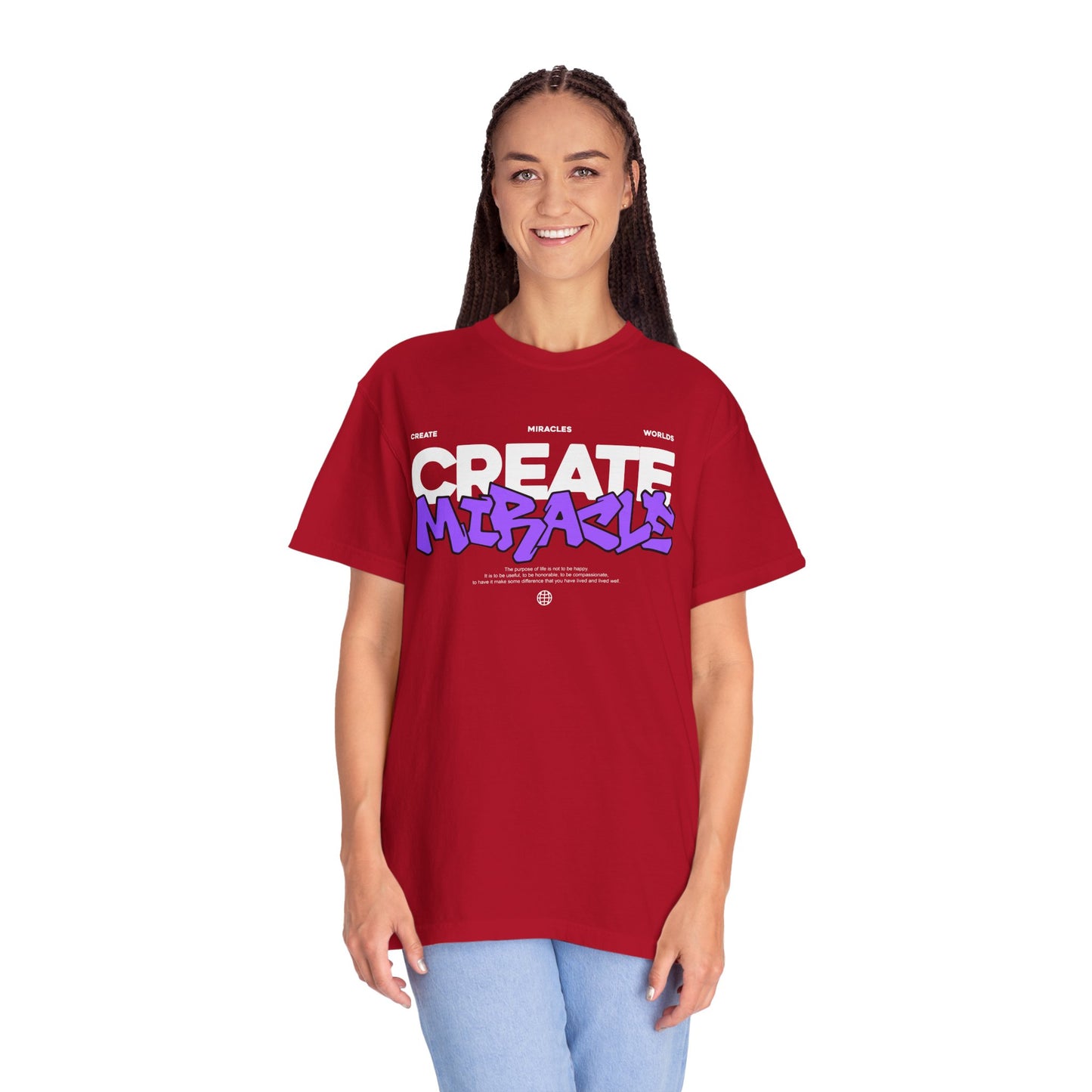 Garment-Dyed T-Shirt with 'CREATE MIRACLE' Design, Trendy Tee for Casual Wear,