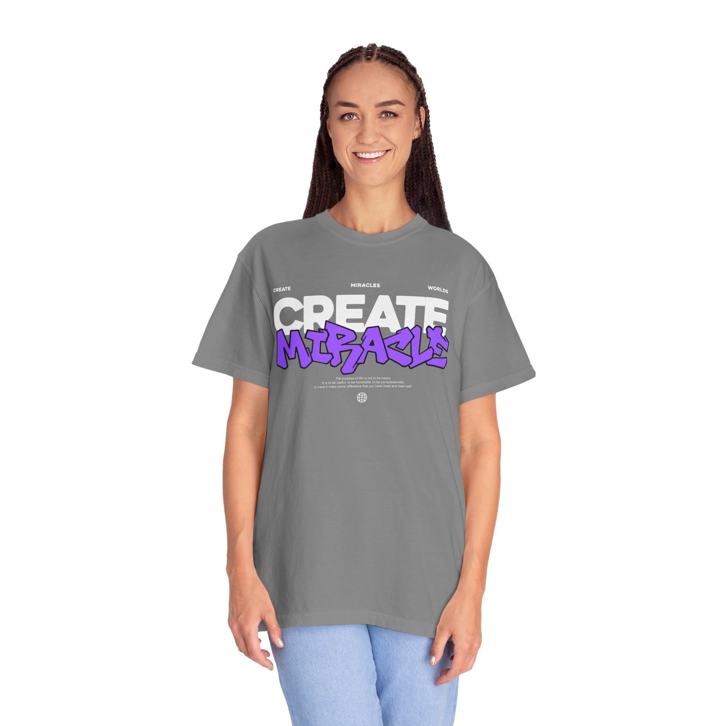 Garment-Dyed T-Shirt with 'CREATE MIRACLE' Design, Trendy Tee for Casual Wear,