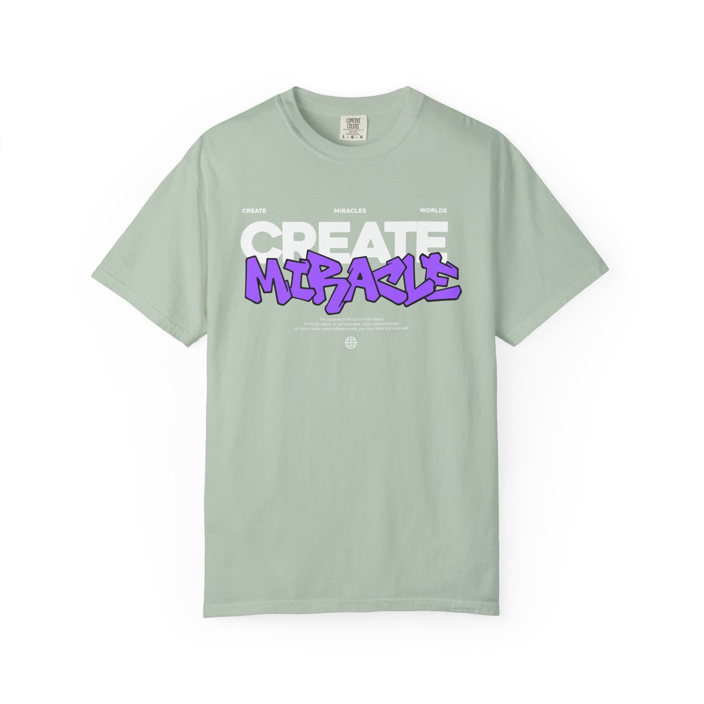 Garment-Dyed T-Shirt with 'CREATE MIRACLE' Design, Trendy Tee for Casual Wear,