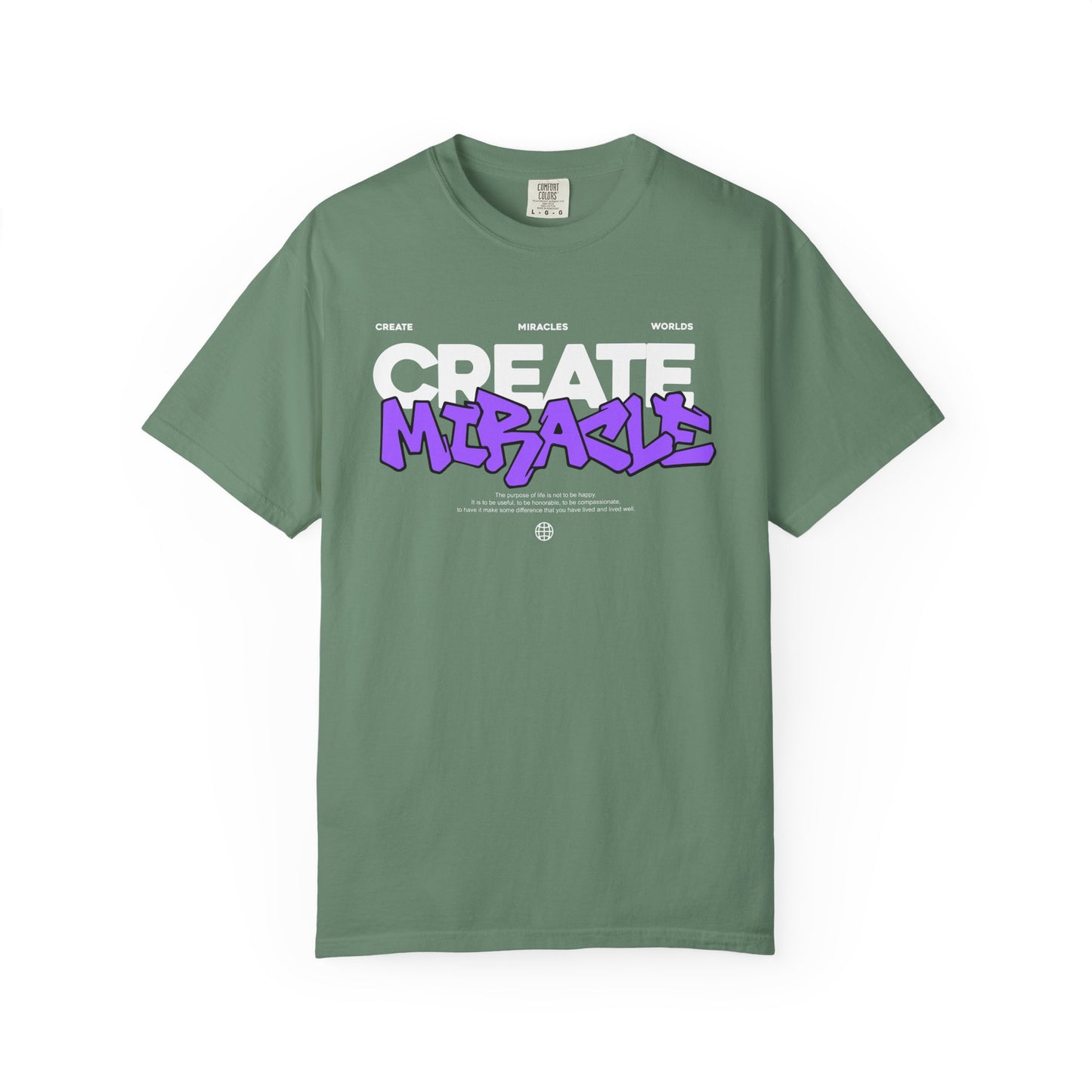 Garment-Dyed T-Shirt with 'CREATE MIRACLE' Design, Trendy Tee for Casual Wear,