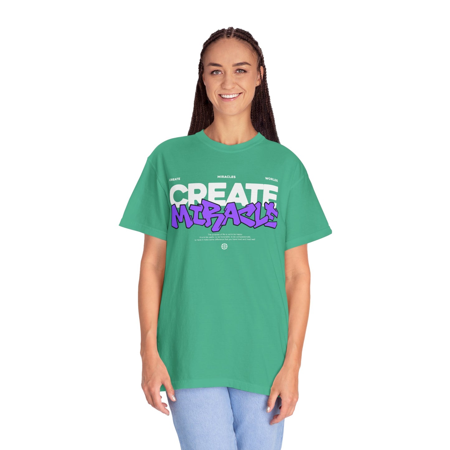 Garment-Dyed T-Shirt with 'CREATE MIRACLE' Design, Trendy Tee for Casual Wear,