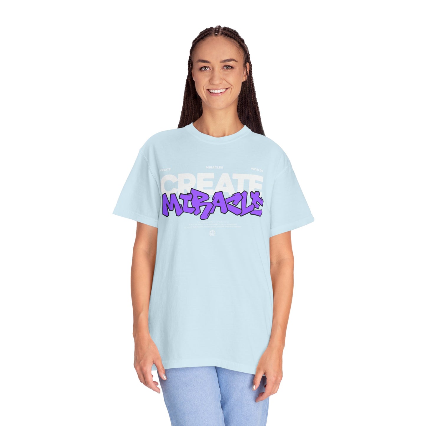 Garment-Dyed T-Shirt with 'CREATE MIRACLE' Design, Trendy Tee for Casual Wear,