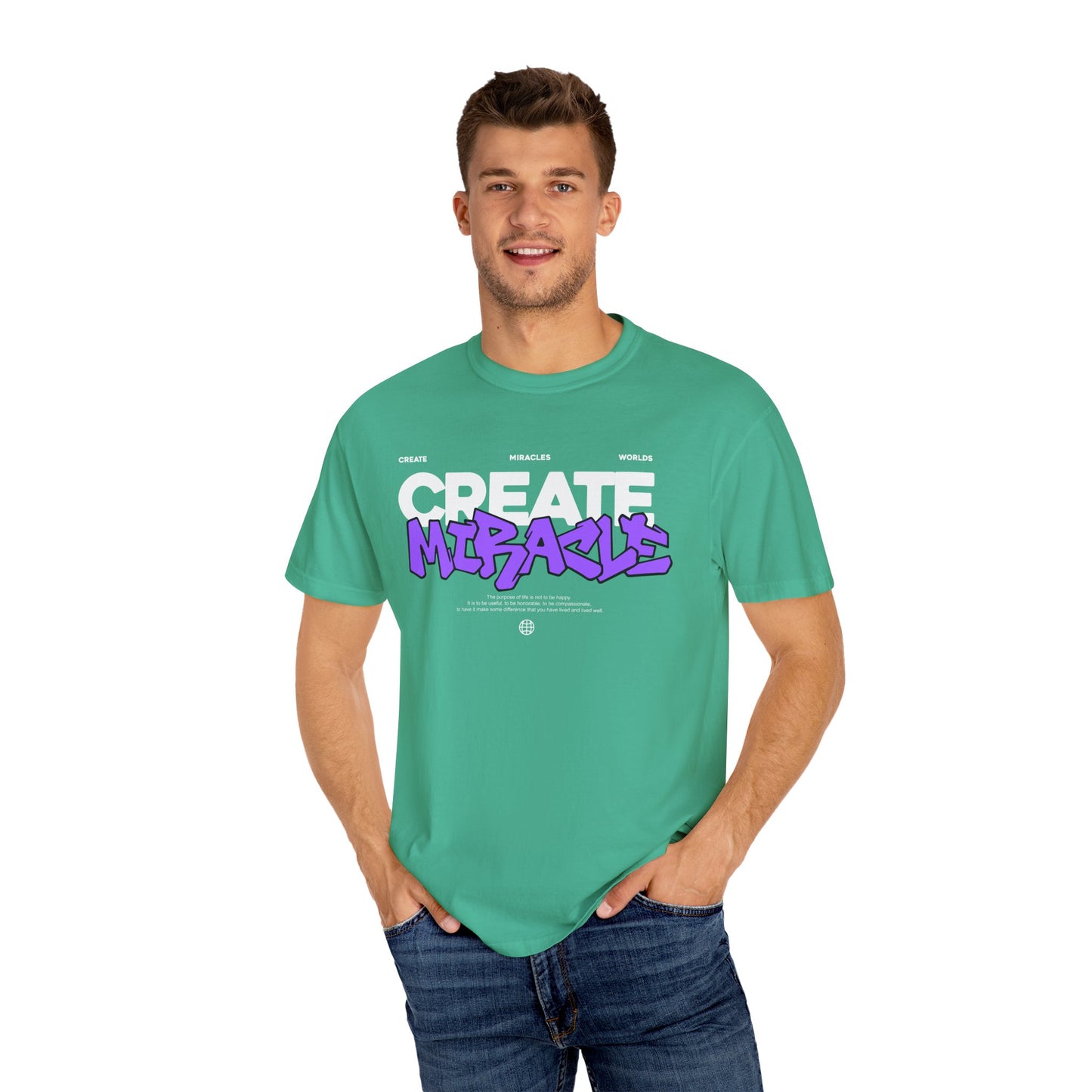 Garment-Dyed T-Shirt with 'CREATE MIRACLE' Design, Trendy Tee for Casual Wear,