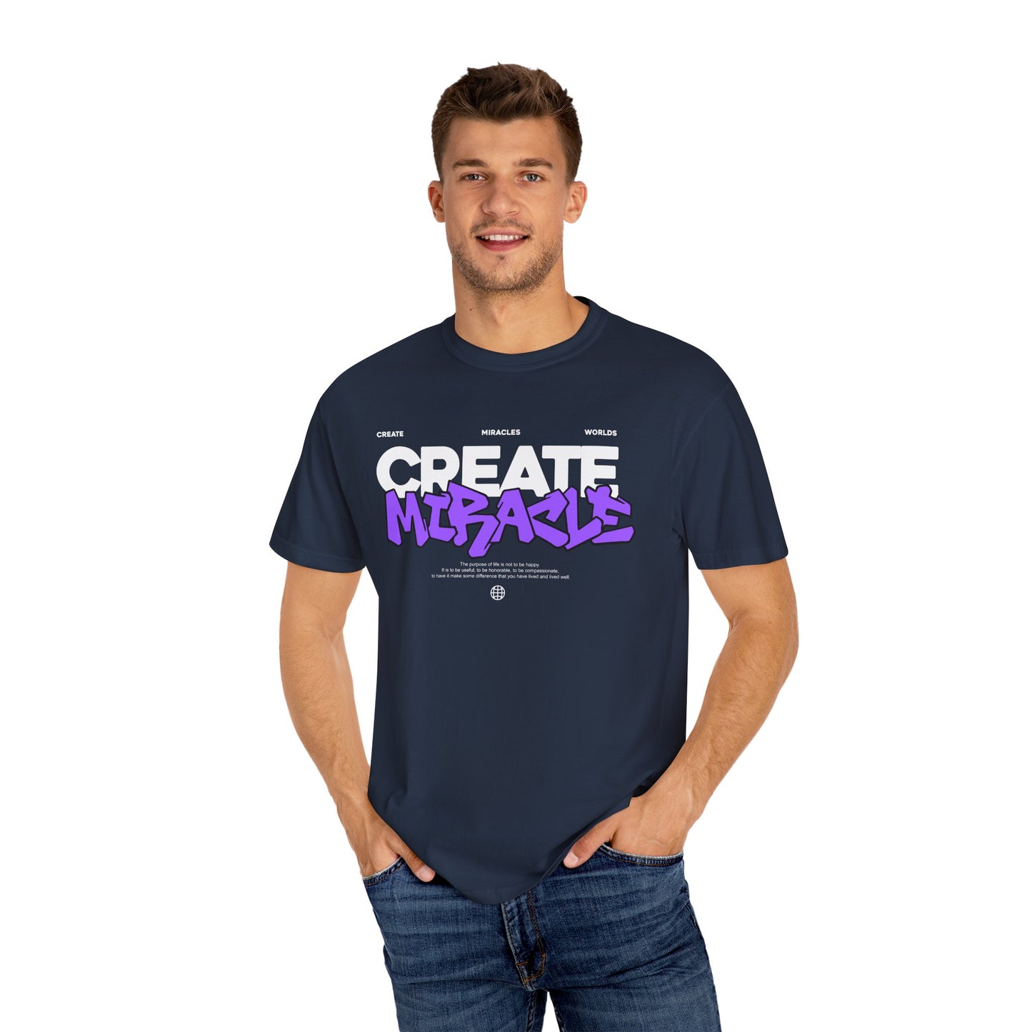 Garment-Dyed T-Shirt with 'CREATE MIRACLE' Design, Trendy Tee for Casual Wear,