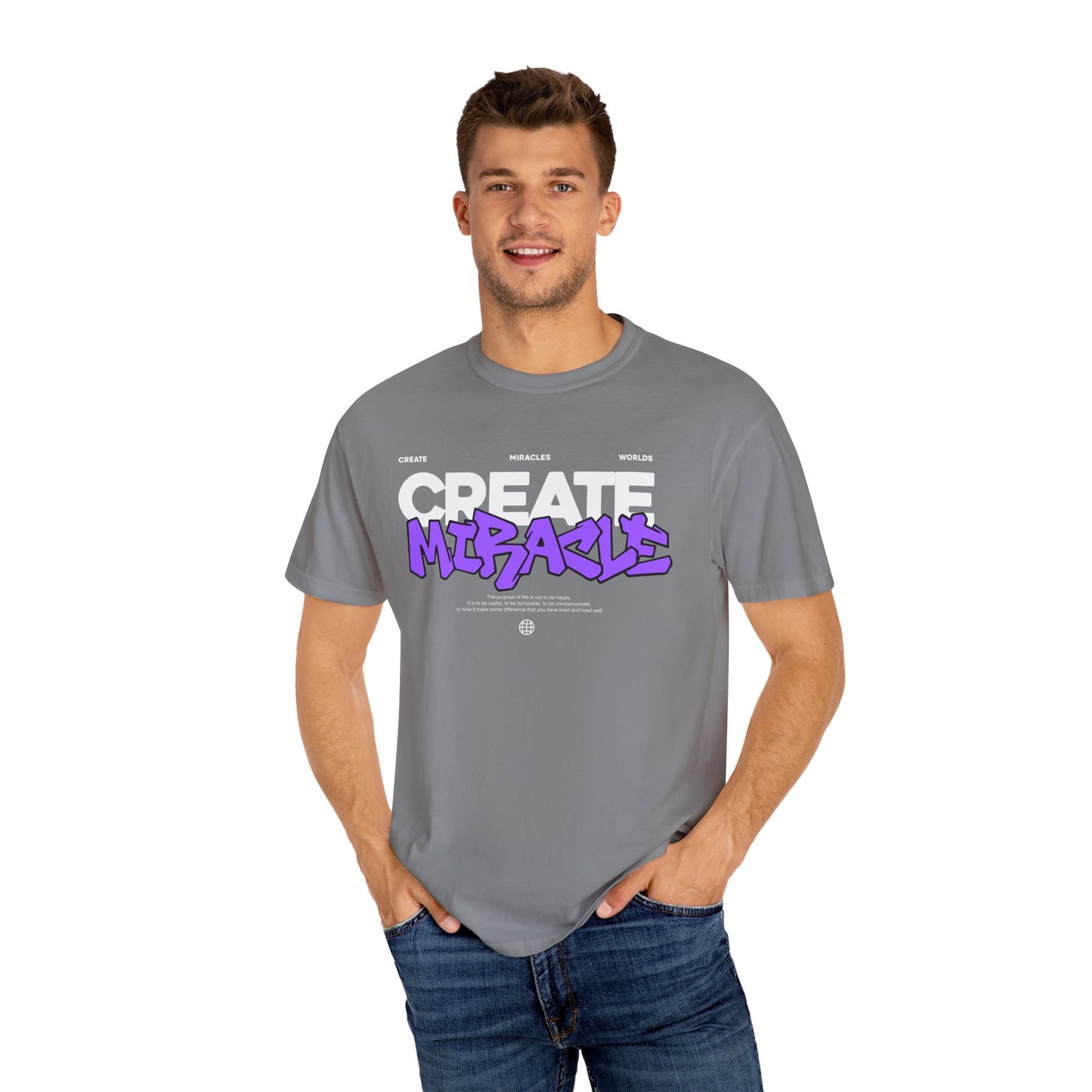 Garment-Dyed T-Shirt with 'CREATE MIRACLE' Design, Trendy Tee for Casual Wear,
