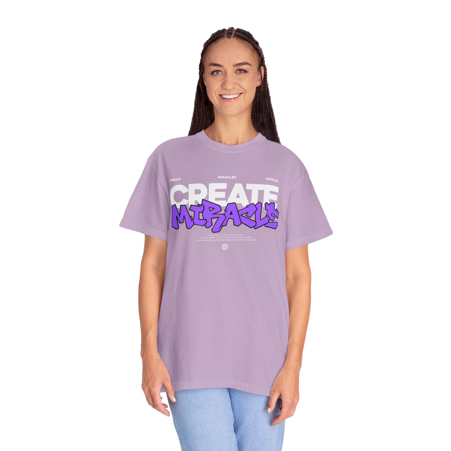 Garment-Dyed T-Shirt with 'CREATE MIRACLE' Design, Trendy Tee for Casual Wear,