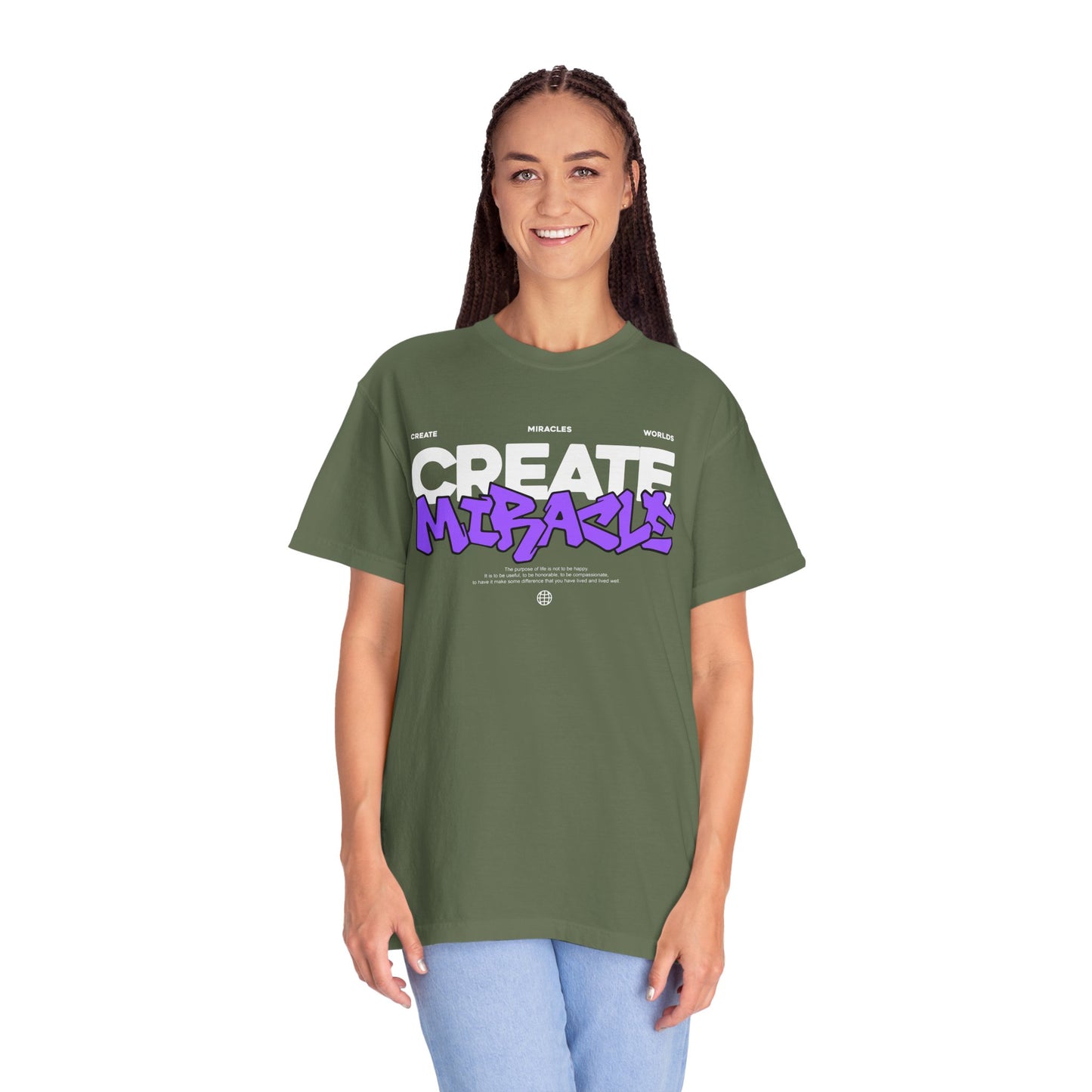 Garment-Dyed T-Shirt with 'CREATE MIRACLE' Design, Trendy Tee for Casual Wear,