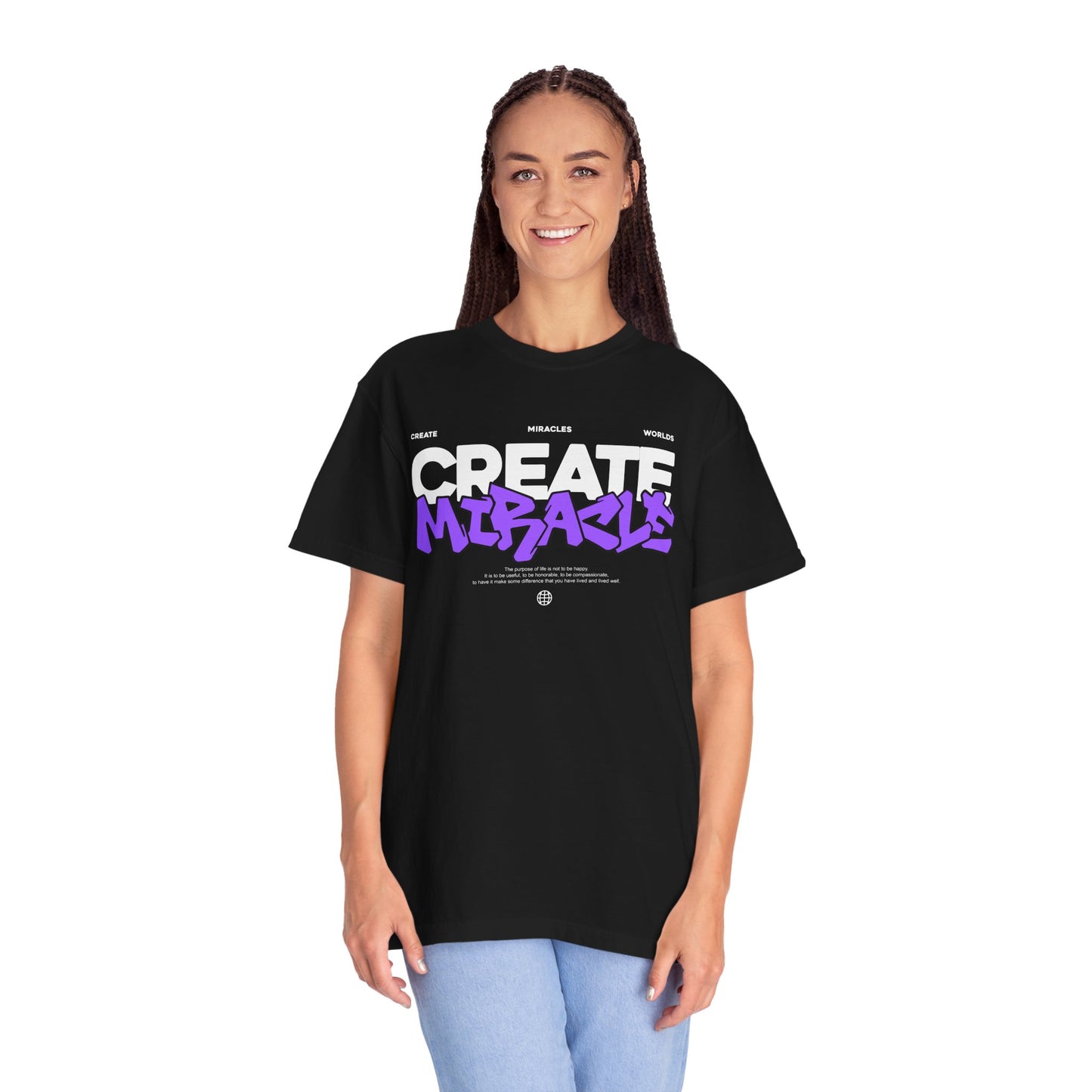 Garment-Dyed T-Shirt with 'CREATE MIRACLE' Design, Trendy Tee for Casual Wear,