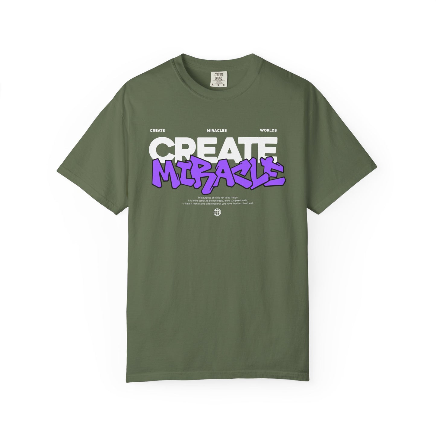 Garment-Dyed T-Shirt with 'CREATE MIRACLE' Design, Trendy Tee for Casual Wear,