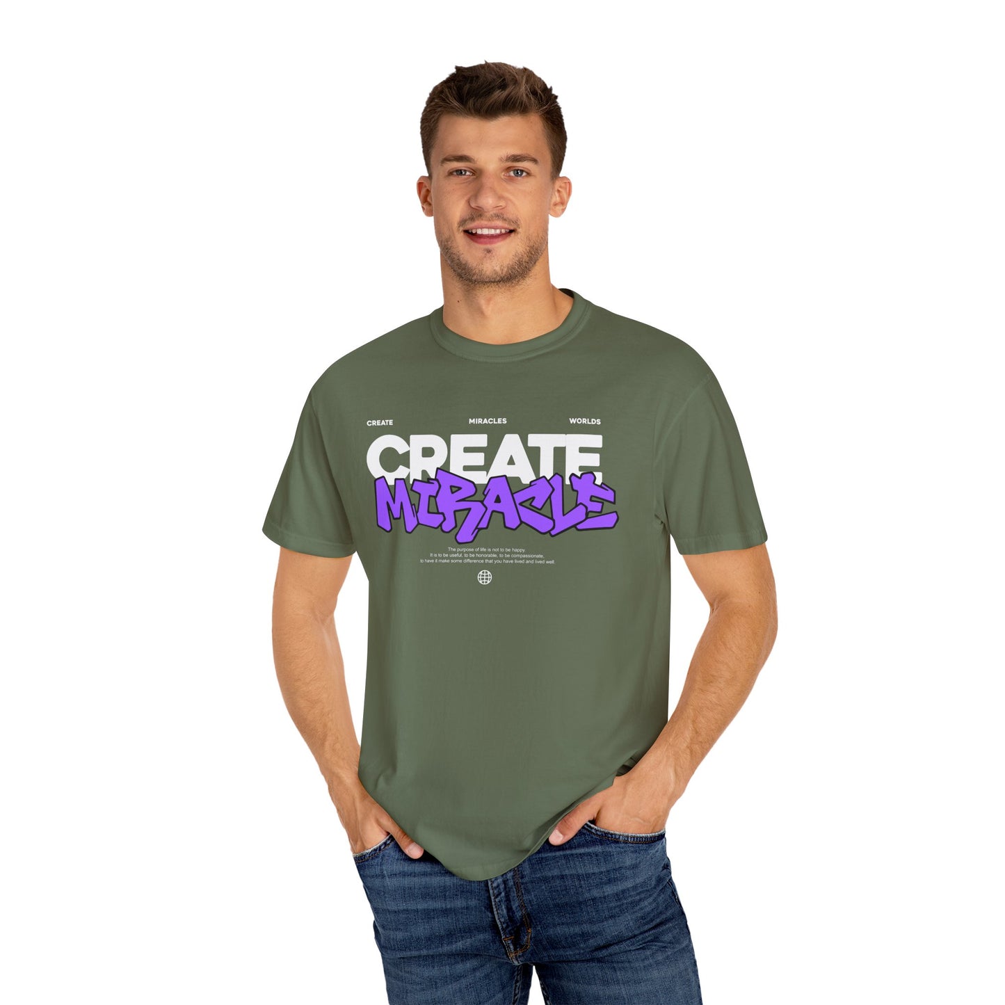 Garment-Dyed T-Shirt with 'CREATE MIRACLE' Design, Trendy Tee for Casual Wear,
