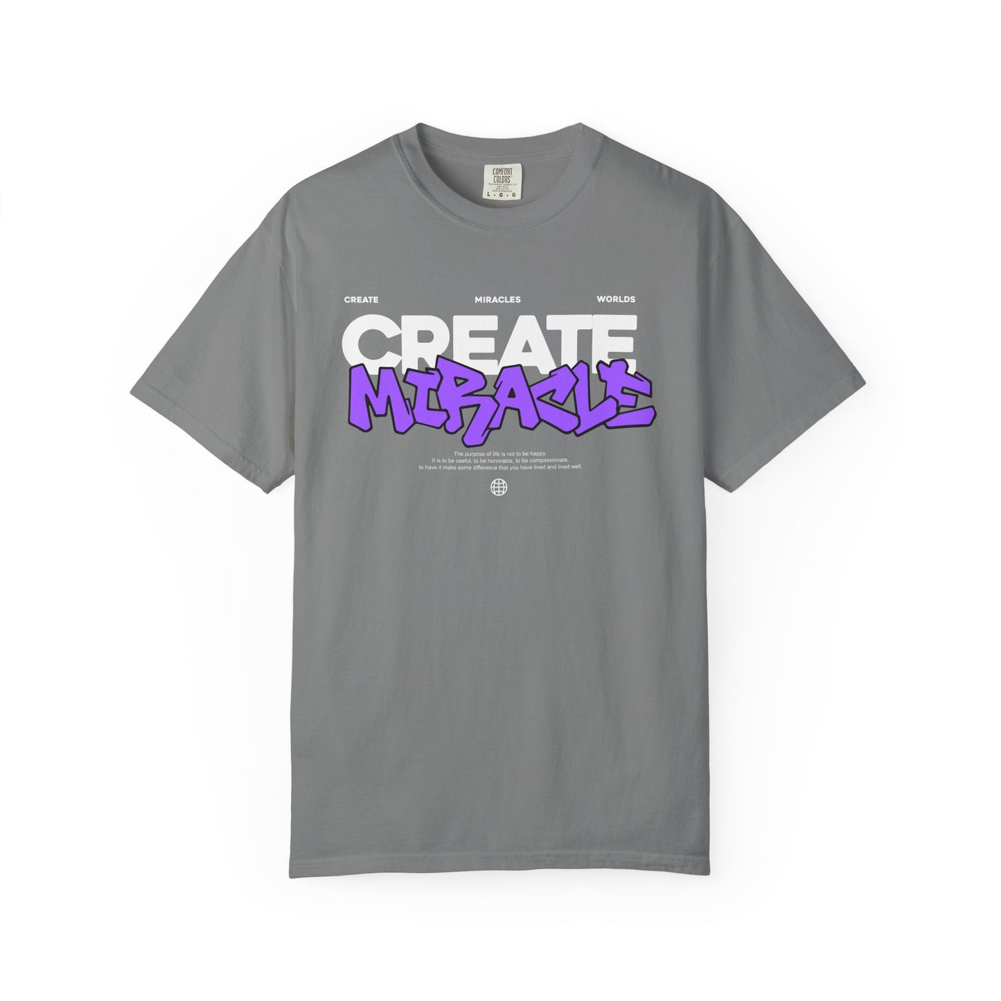 Garment-Dyed T-Shirt with 'CREATE MIRACLE' Design, Trendy Tee for Casual Wear,